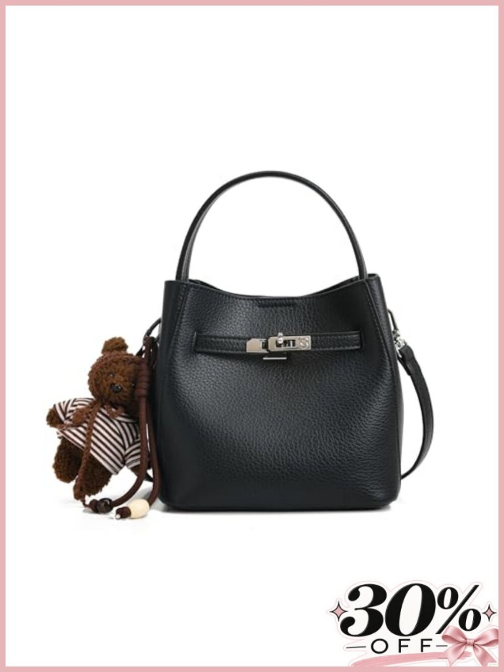 Pebbled Leather Crossbody Bucket Bag Adjustable Strap Top Handle